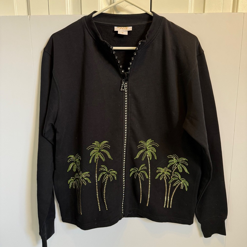 Tia Designs Rhinestone Palm Tree Zip Up‎ Sweatshirt Jacket Black Medium - Picture 2 of 7